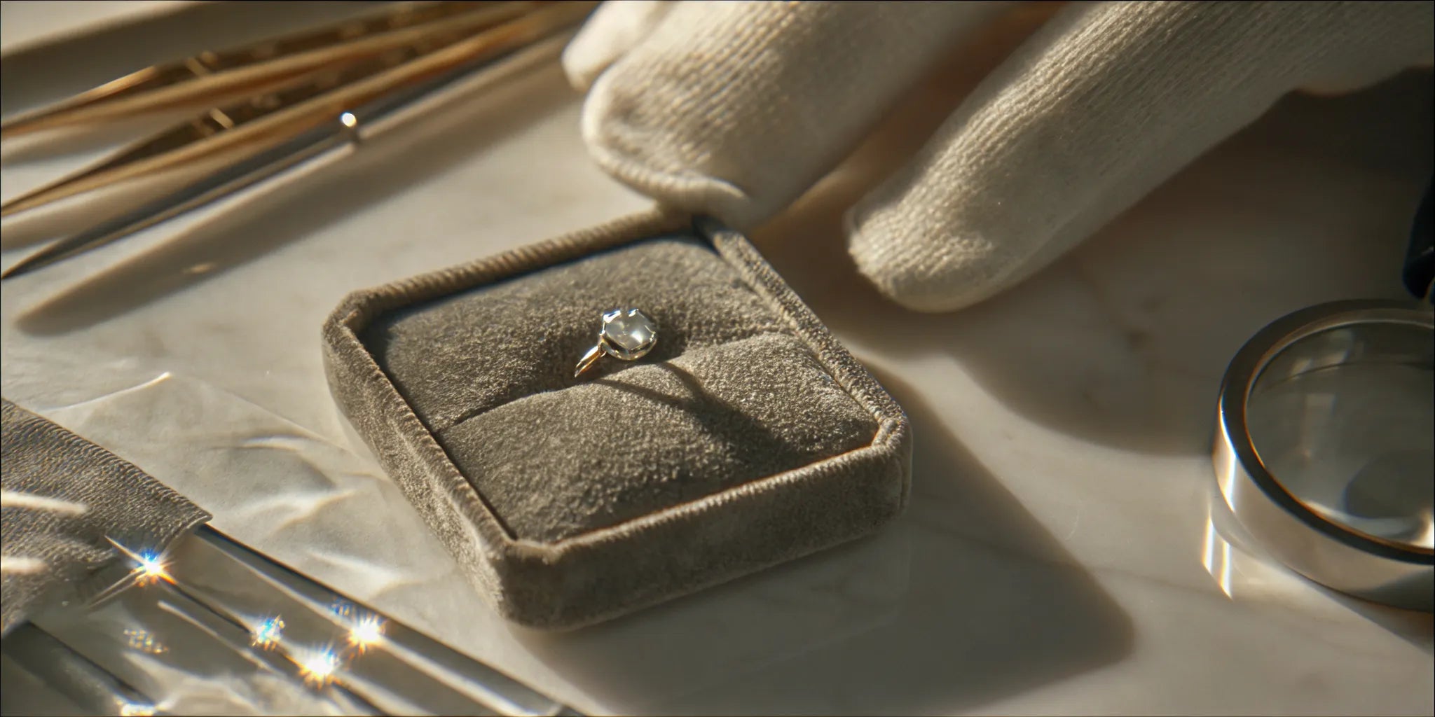 A diamond ring and tools for a fine jewelry repair in Palm Beach Gardens.