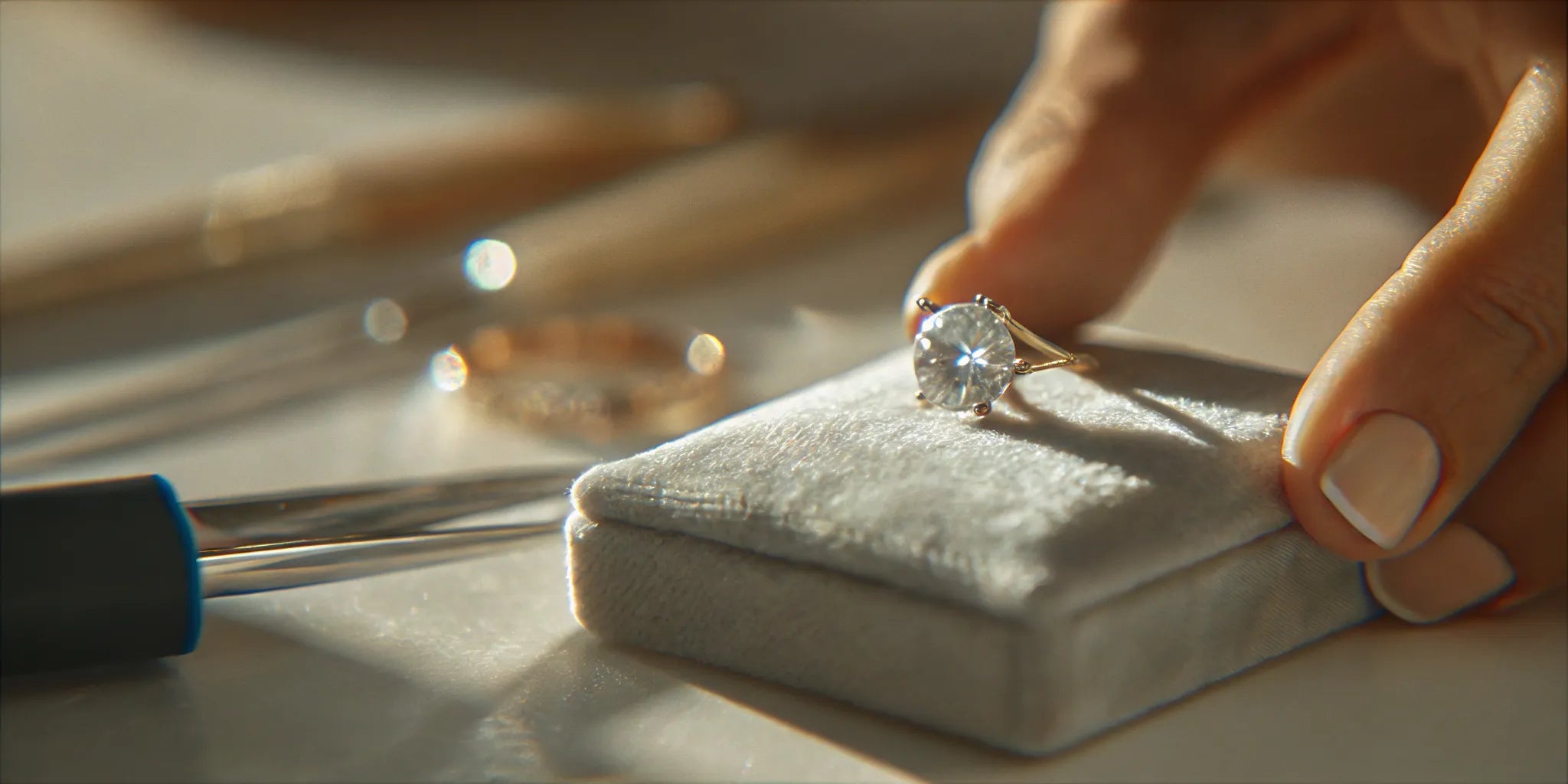 Expert evaluating a diamond ring for jewelry repair in West Palm Beach.