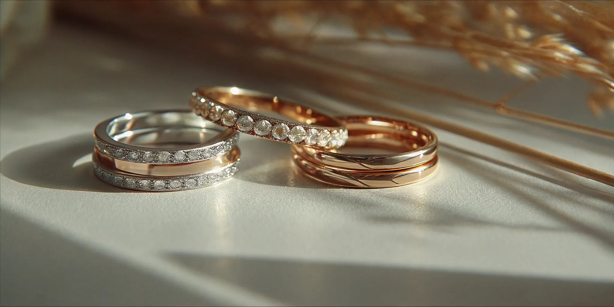 Diamond engagement rings featuring mixed metal bands of white, yellow, and rose gold.