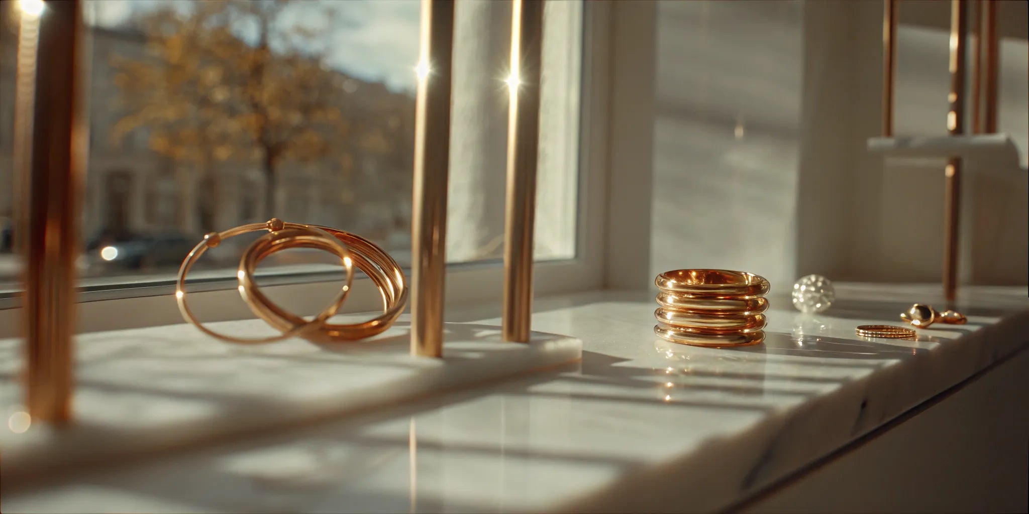 Gold jewelry displayed at a fine jewelry store in the Nora District.