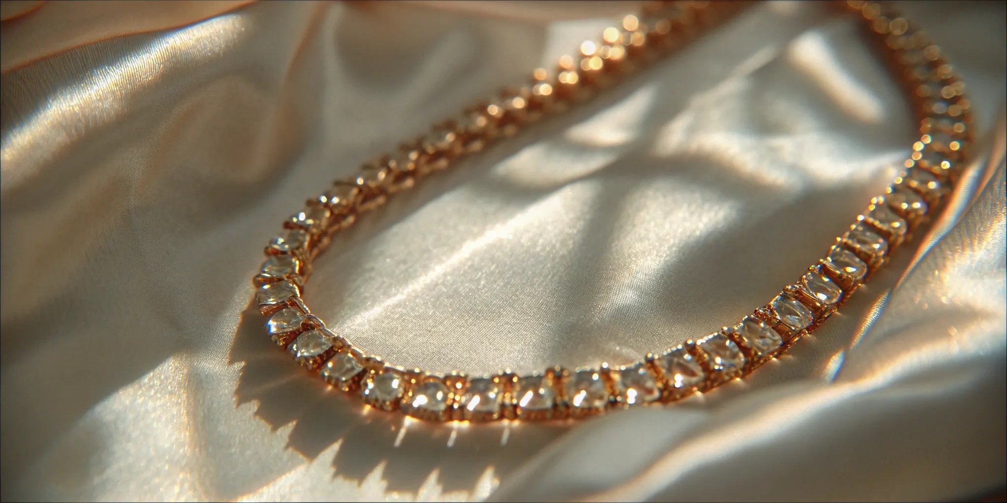 A 1 carat diamond tennis bracelet in yellow gold resting on cream silk
