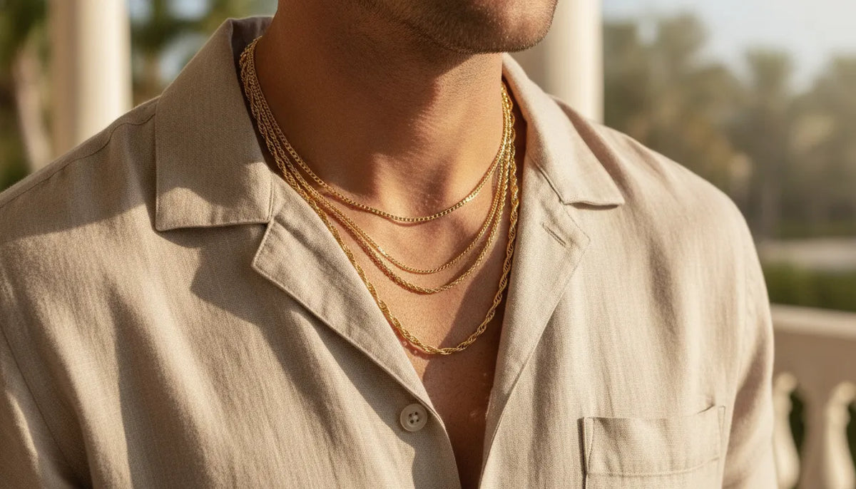 Man wearing layered 14k gold chains at varied lengths