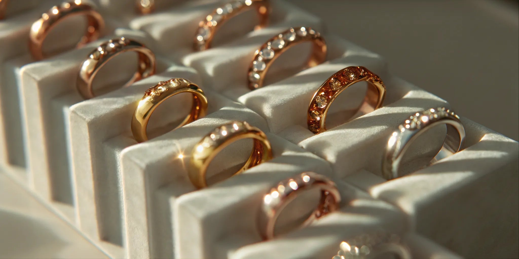 Custom wedding bands with birthstones in gold and rose gold settings.