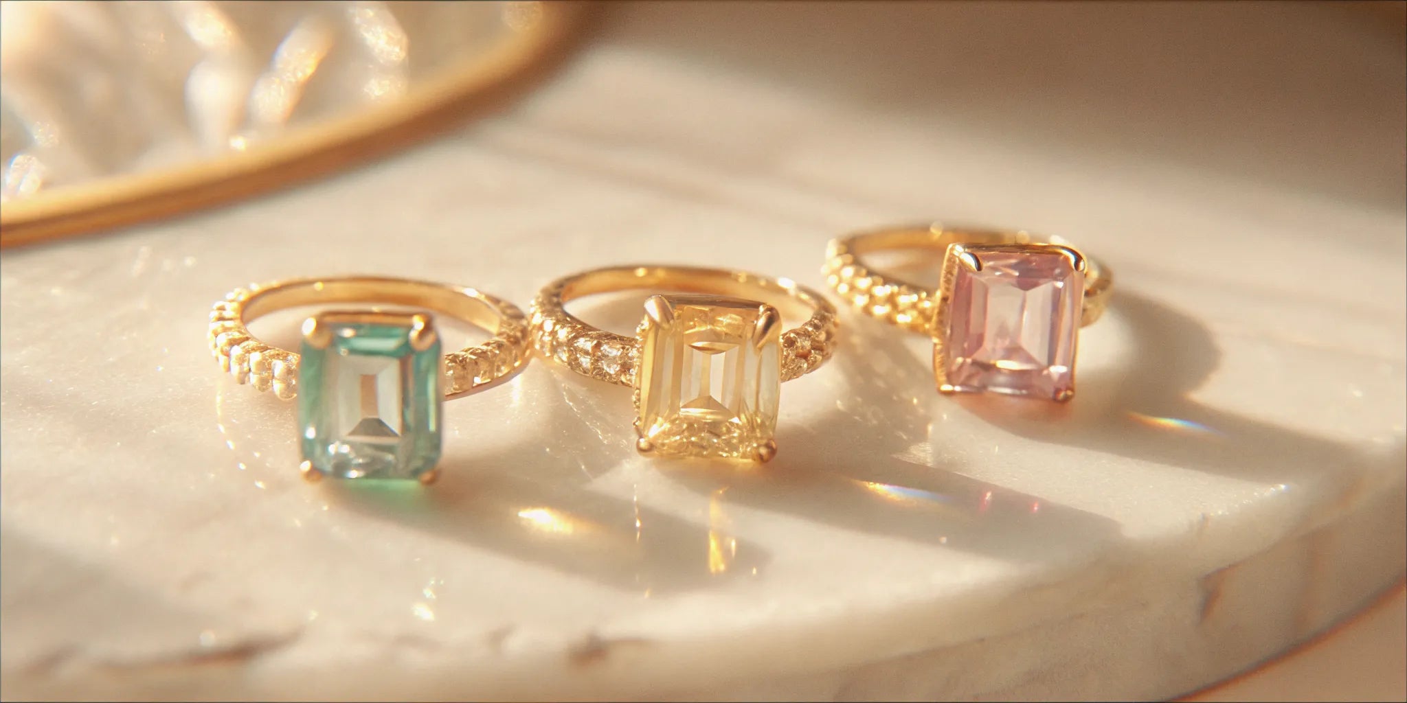 Large gemstone rings with aquamarine, yellow, and pink stones in West Palm Beach.