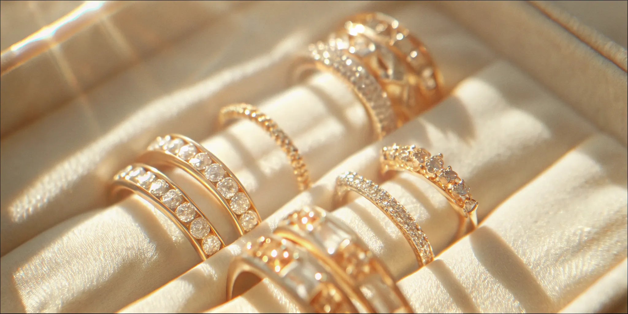 A stack of gold diamond rings with different band styles and diamond shapes.