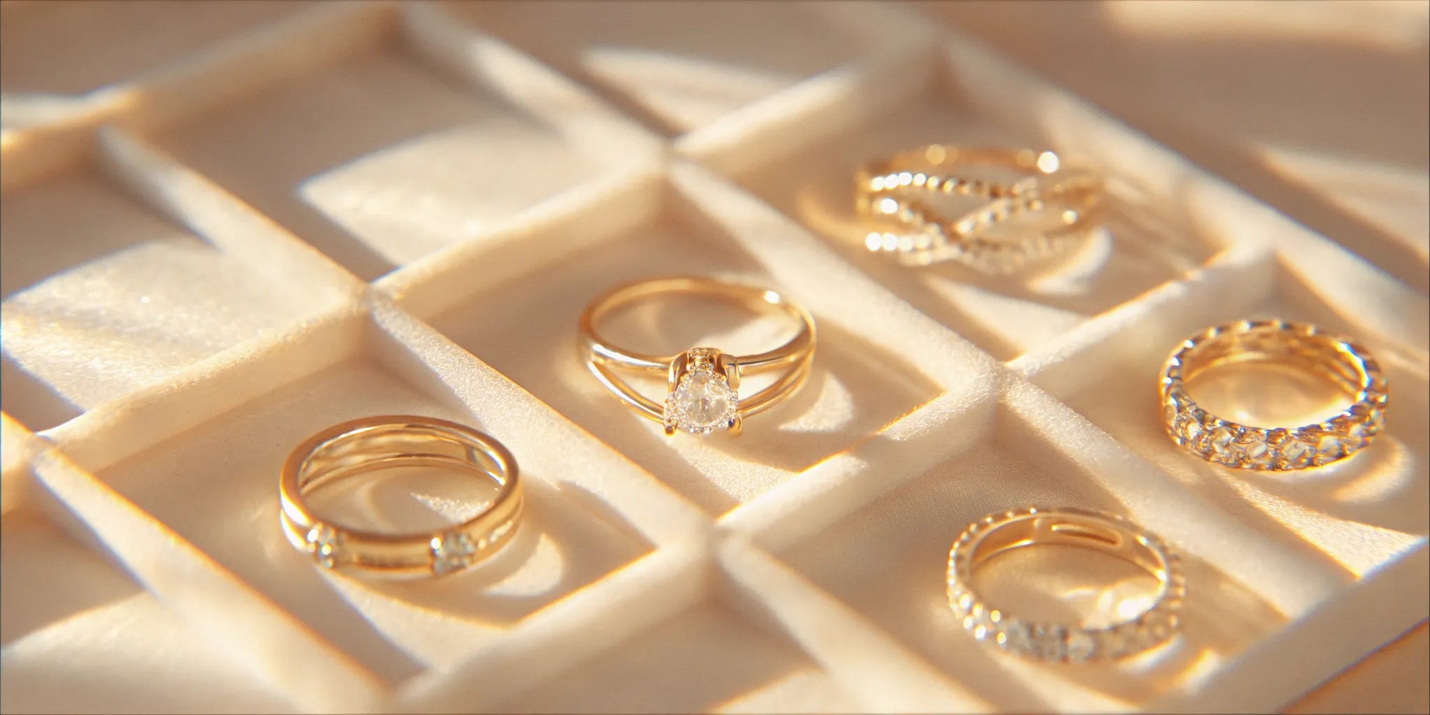 A variety of jewelry setting types on gold rings displayed for comparing the pros and cons.