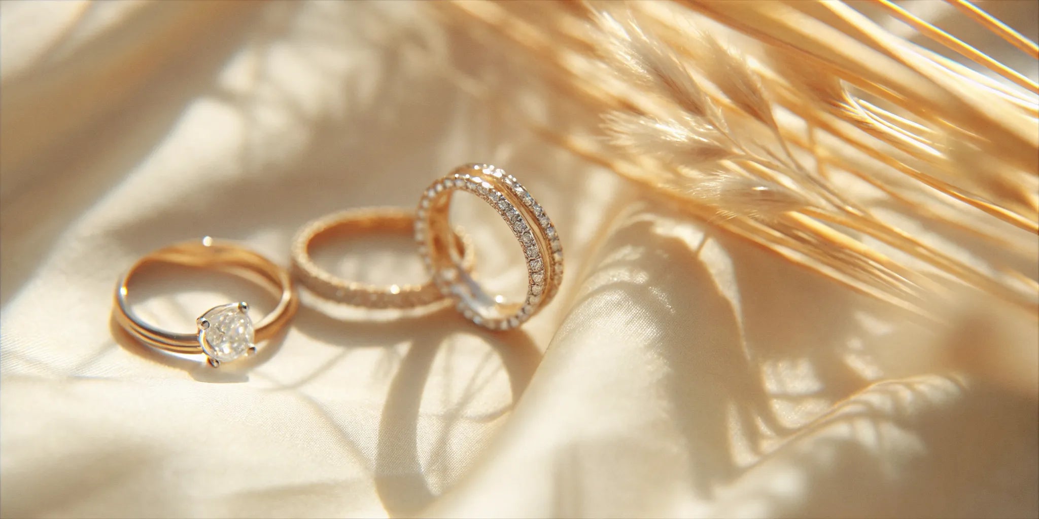 Custom diamond engagement and wedding rings crafted from gold.
