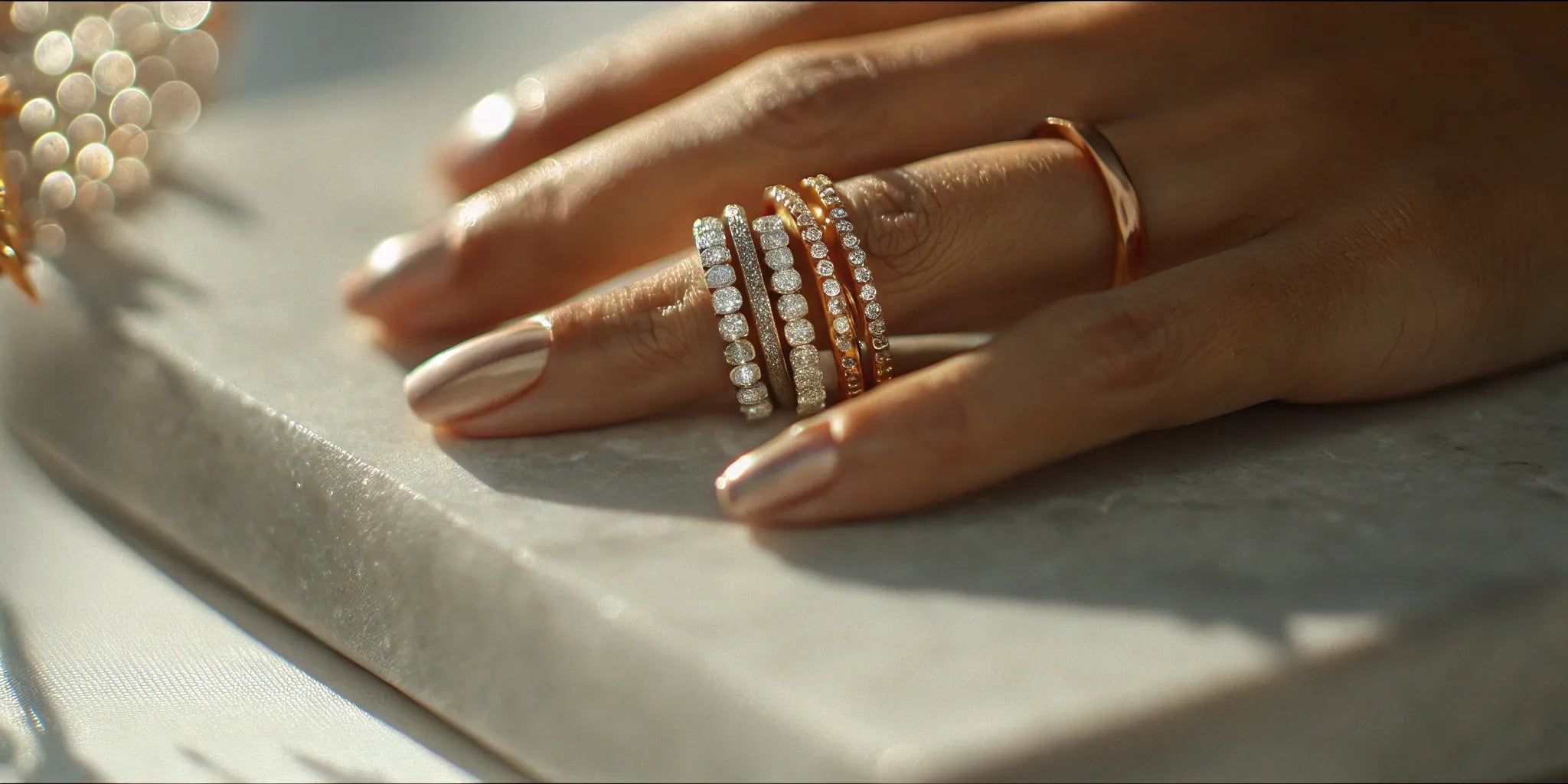 Dainty diamond stacking rings in gold and silver on a hand for everyday wear.