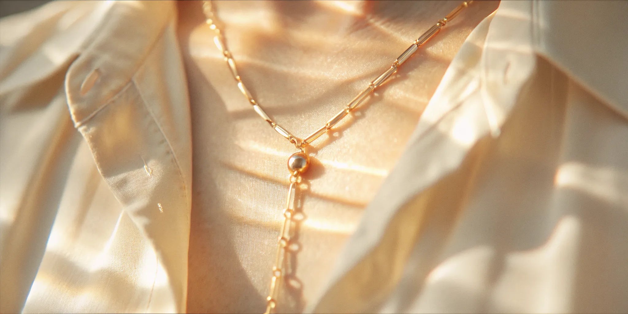 Adjustable gold lariat necklace with a sliding clasp detail on a cream blouse.