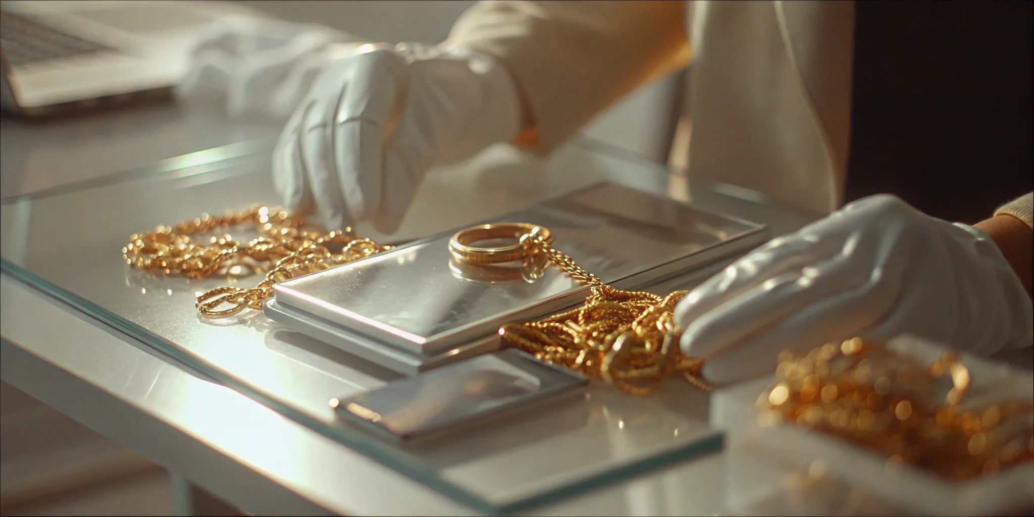 A jeweler appraising gold jewelry to find the best place to sell for the highest price.