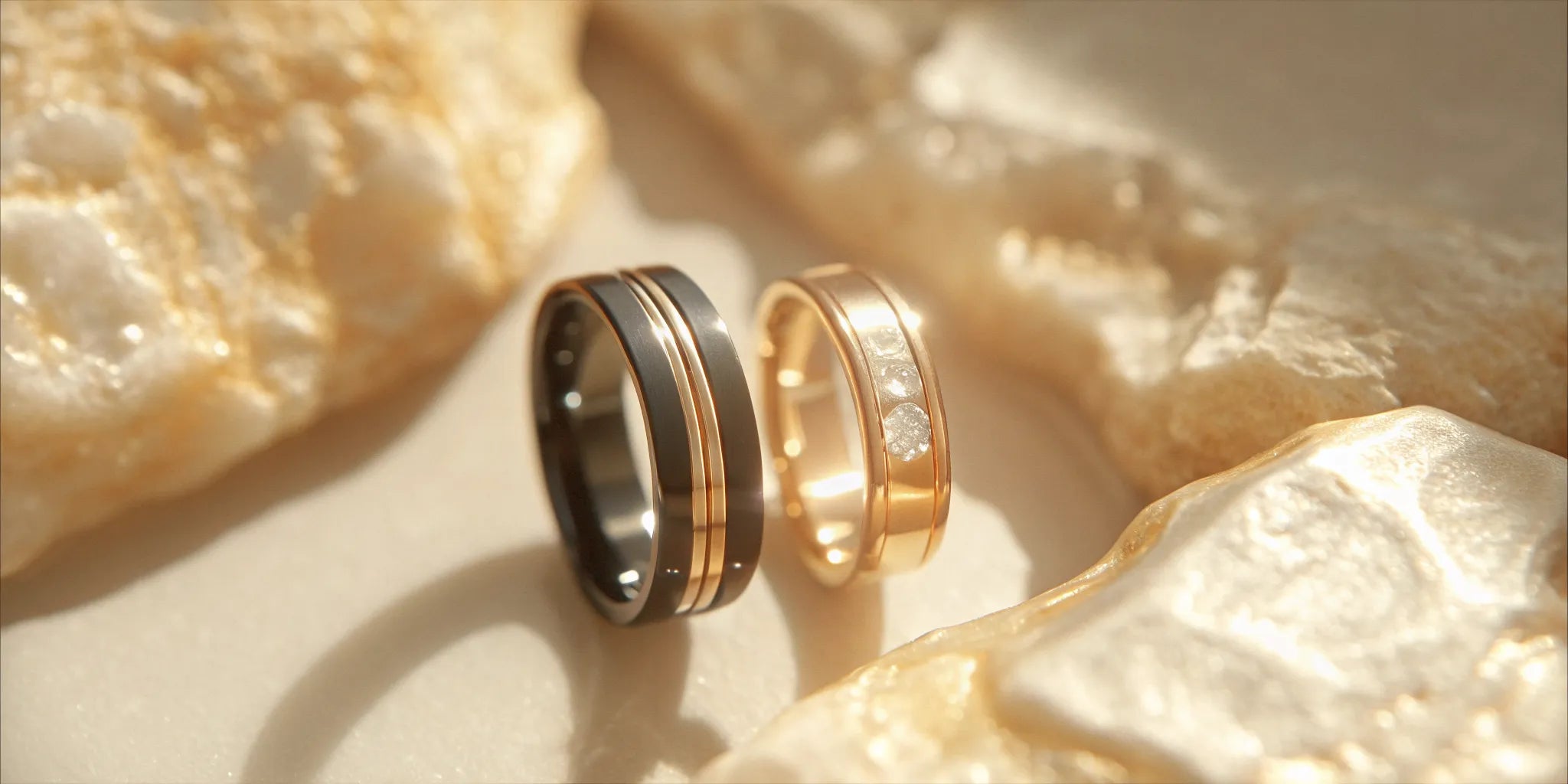 His and hers unique matching wedding bands featuring a modern mixed-metal design in gold and black.