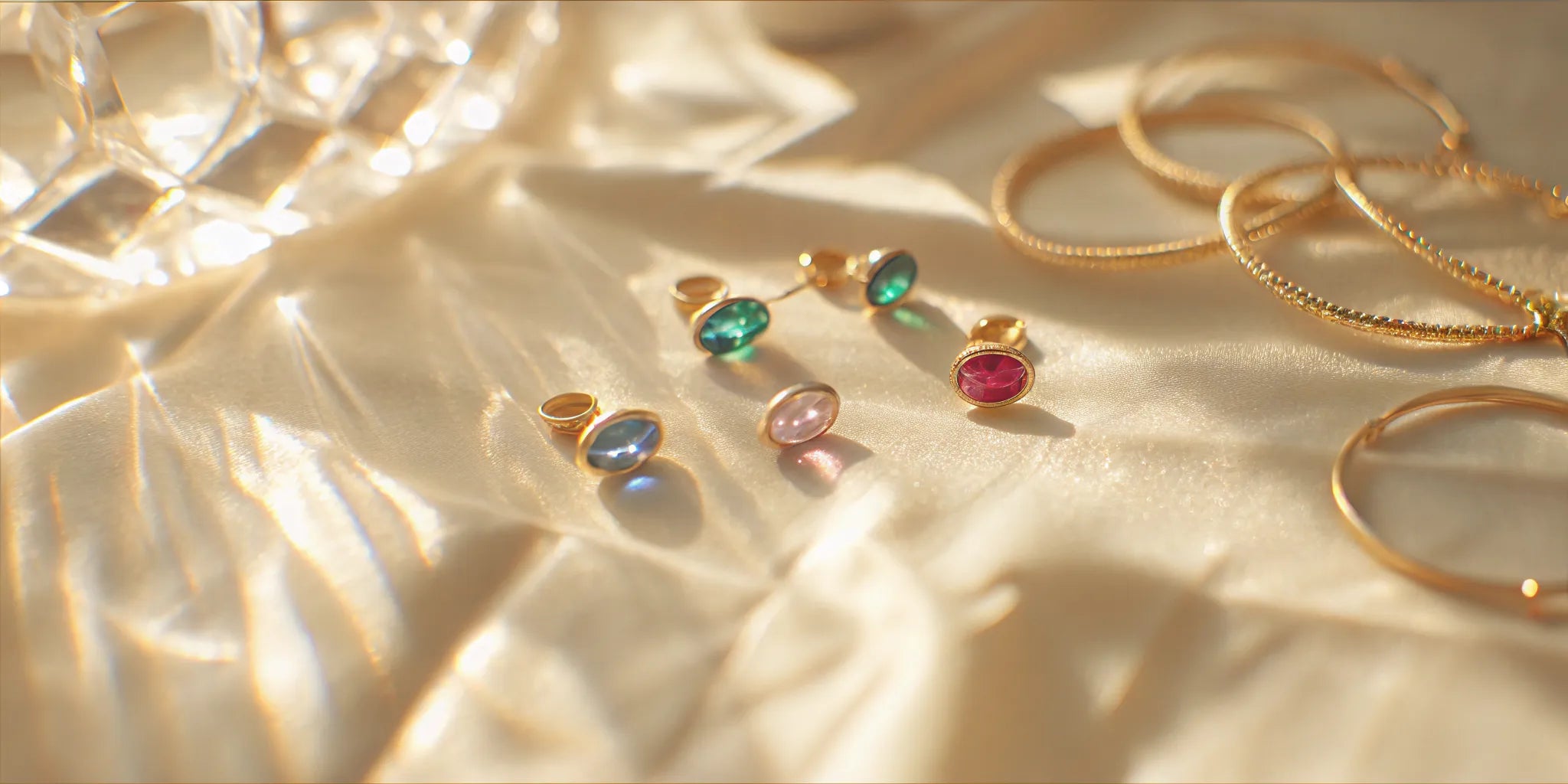 Fine jewelry with colorful gemstones including sapphire, emerald, and ruby on a velvet surface