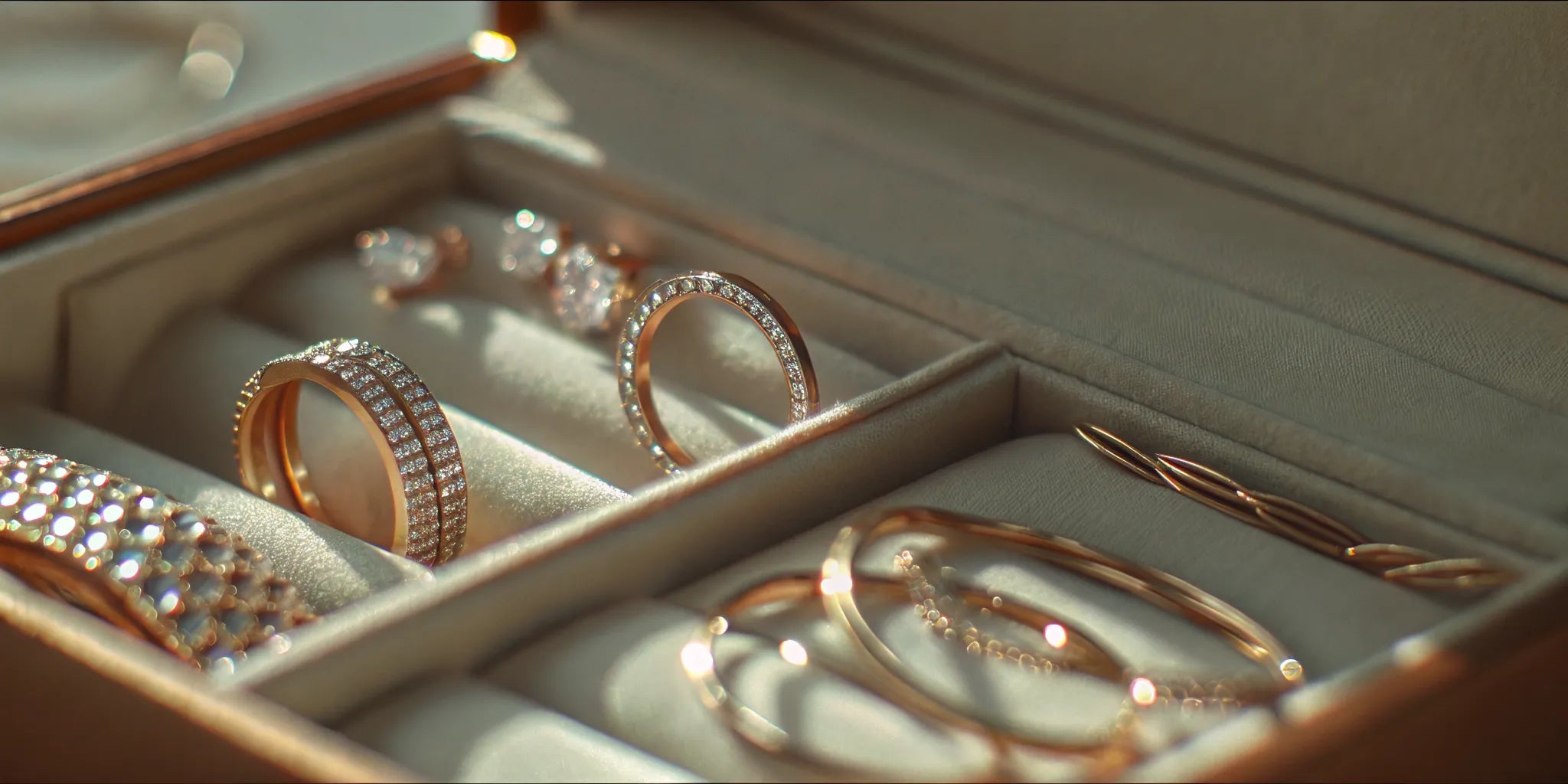 Custom design jewelry, featuring diamond rings and gold bangles, in a velvet box.
