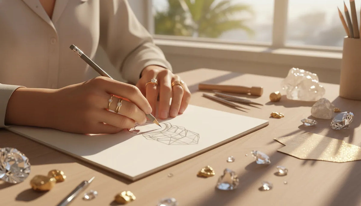 Jewelry designer sketching a custom piece beside gemstones