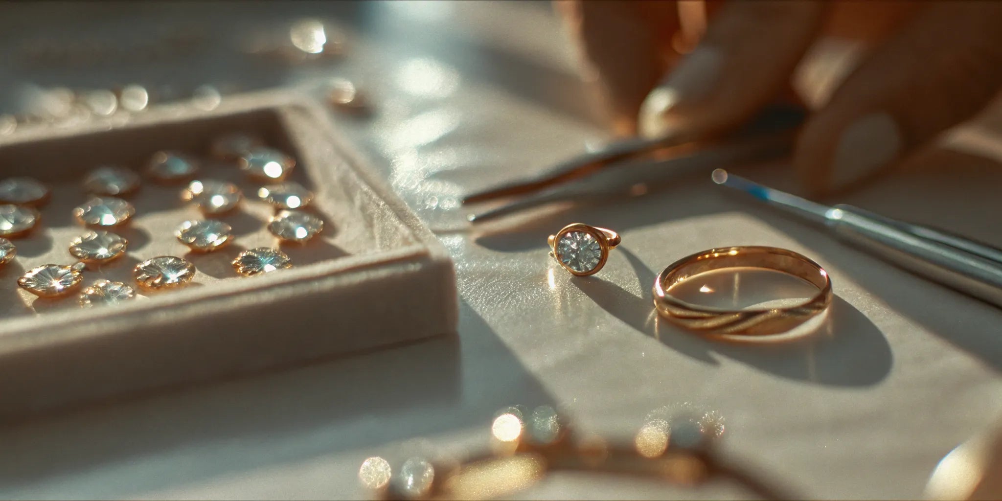 Designing custom jewelry in West Palm Beach with gold rings, diamonds, and jeweler's tools.