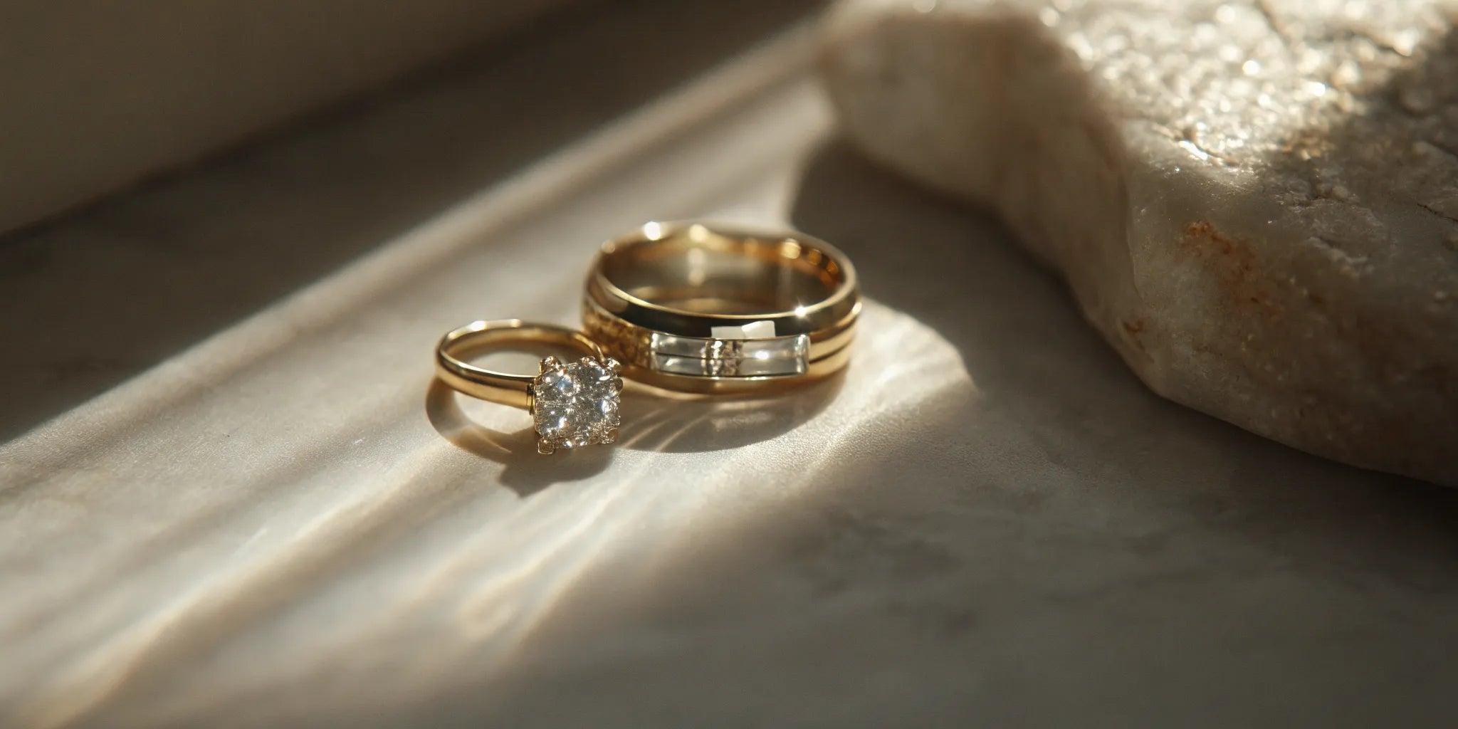 Custom wedding bands beside a diamond engagement ring