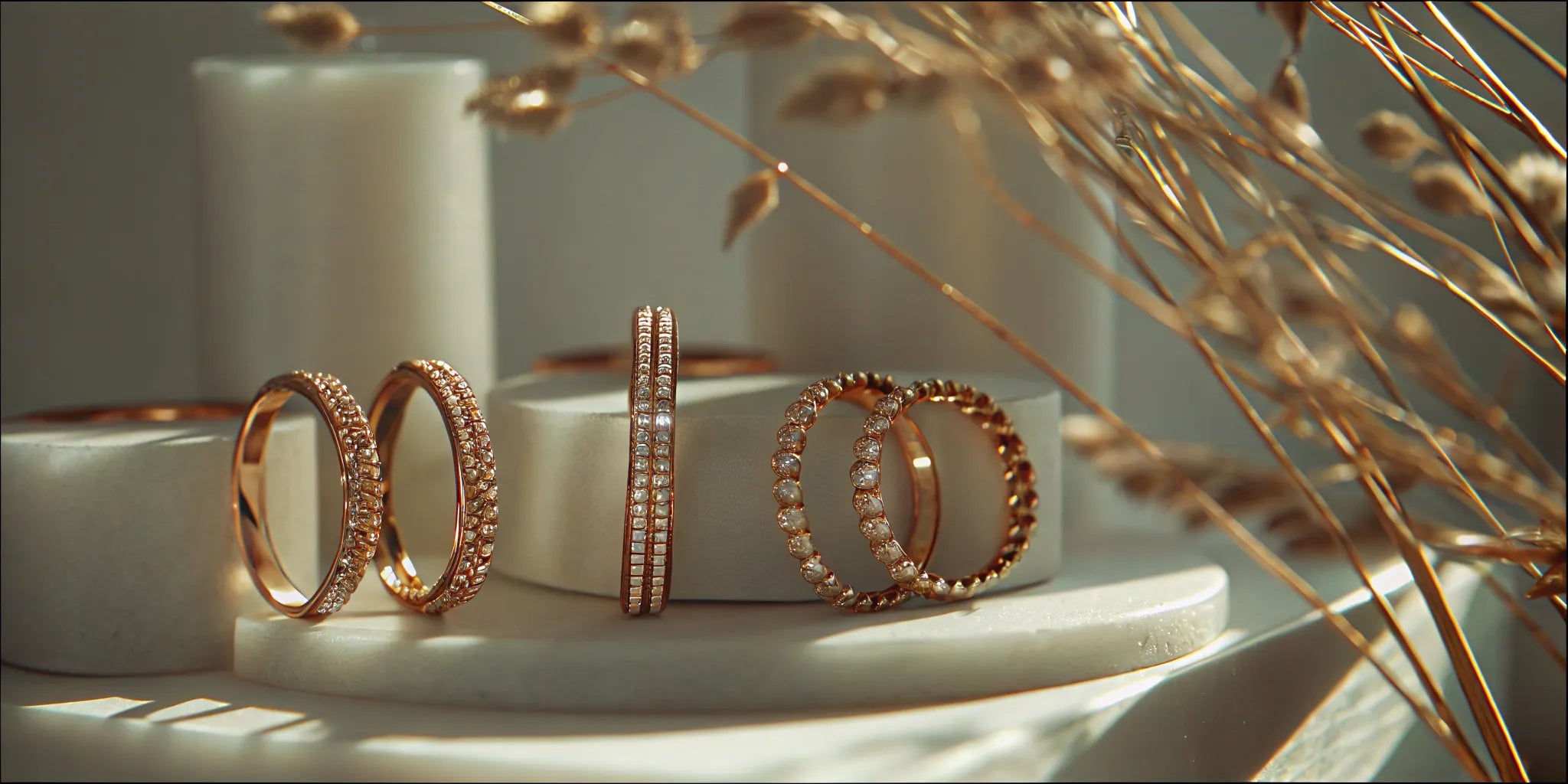 A diamond stacking ring set with gold bands and pavé diamonds.