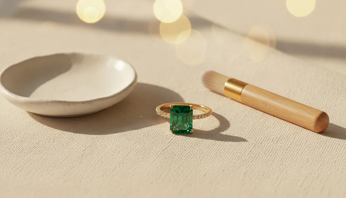 Emerald ring beside a soft jewelry brush and ceramic dish