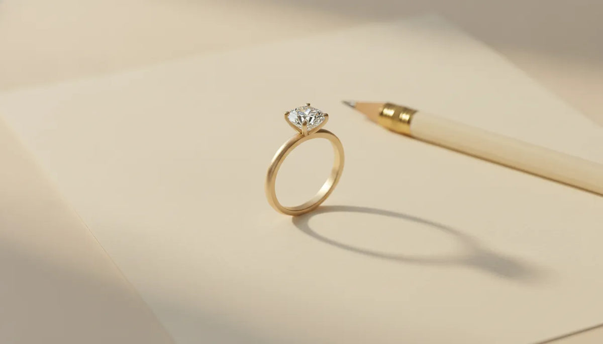 Engagement ring budget worksheet beside a modern ring on a warm ivory surface