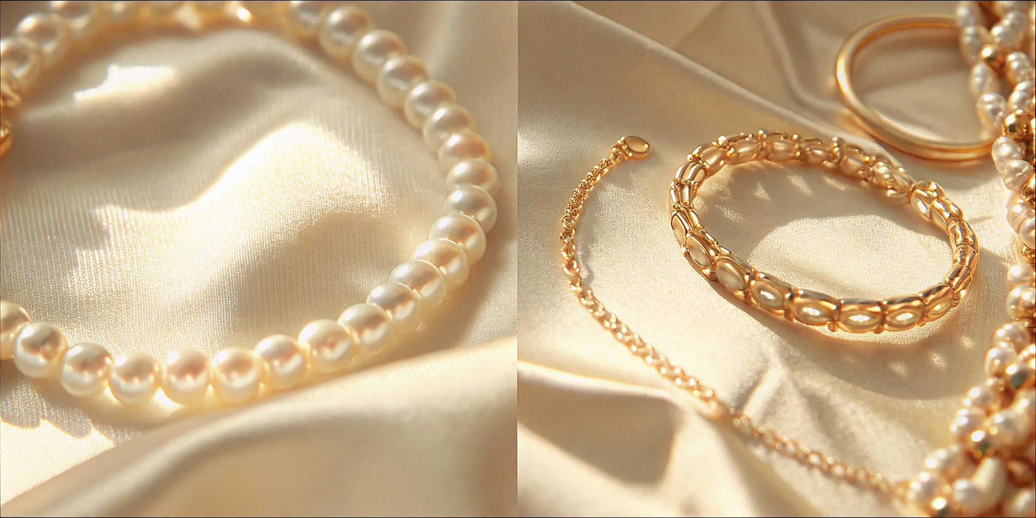 Elegant pearl jewelry pieces displayed on a soft cream surface with gold accents