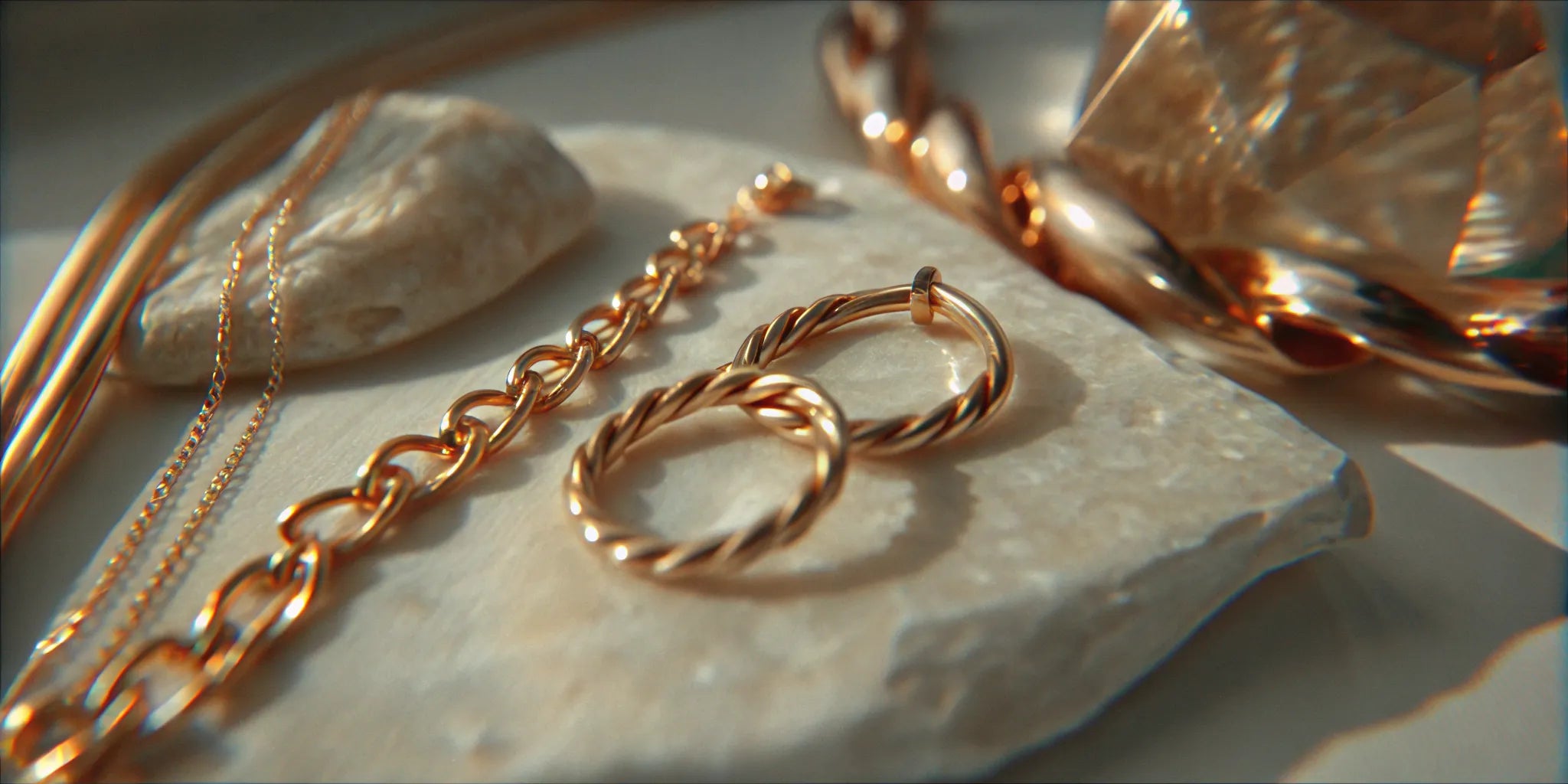 Future heirlooms jewelry in gold arranged in warm natural light