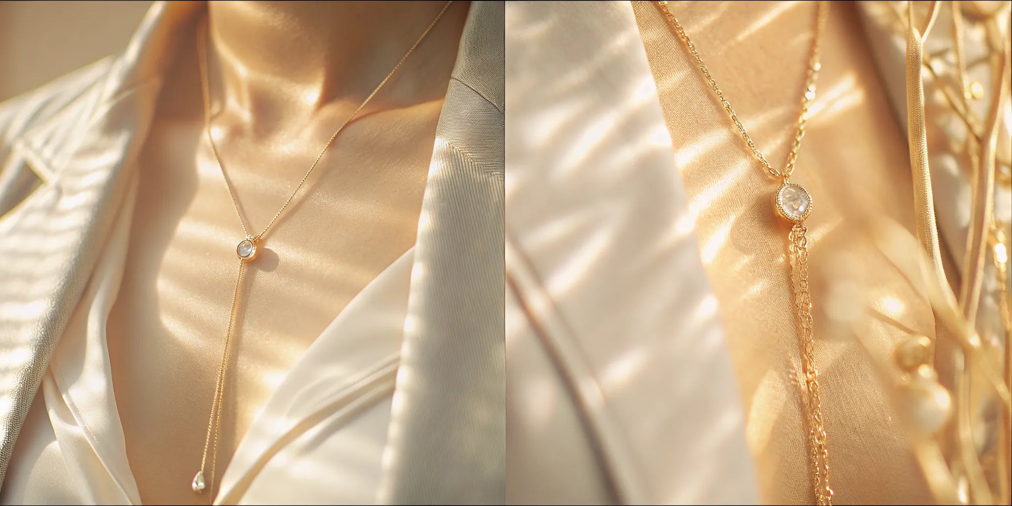 Adjustable gold and diamond lariat necklace worn by a woman.