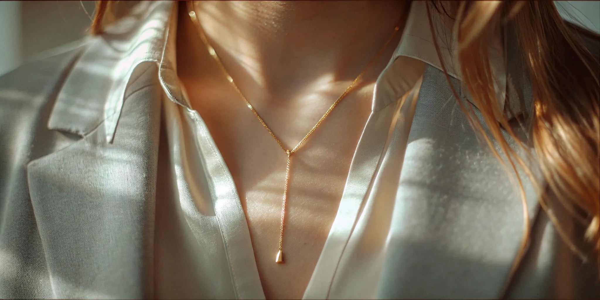 Gold lariat necklace with a pendant styled for a minimalist, everyday look.