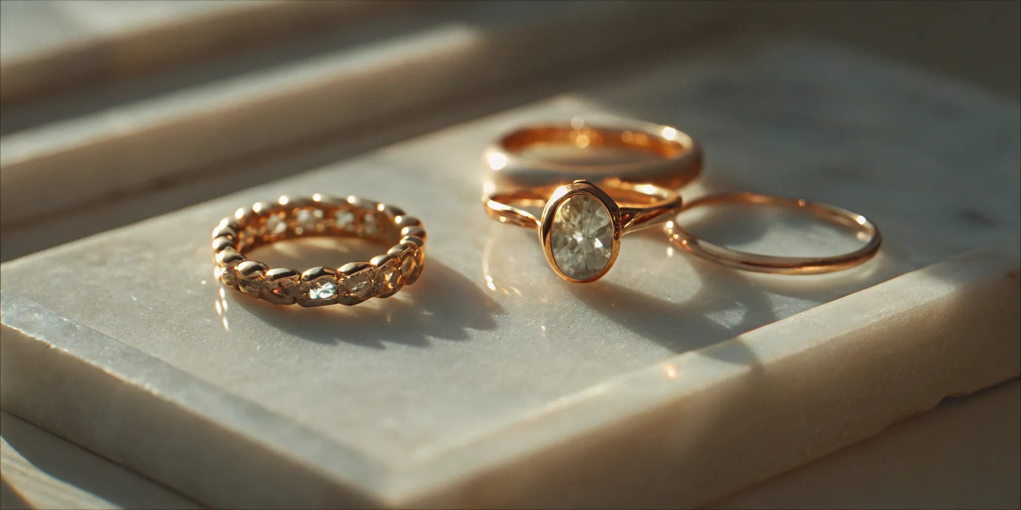 Handmade artisan engagement rings with unique gold bands and gemstones.