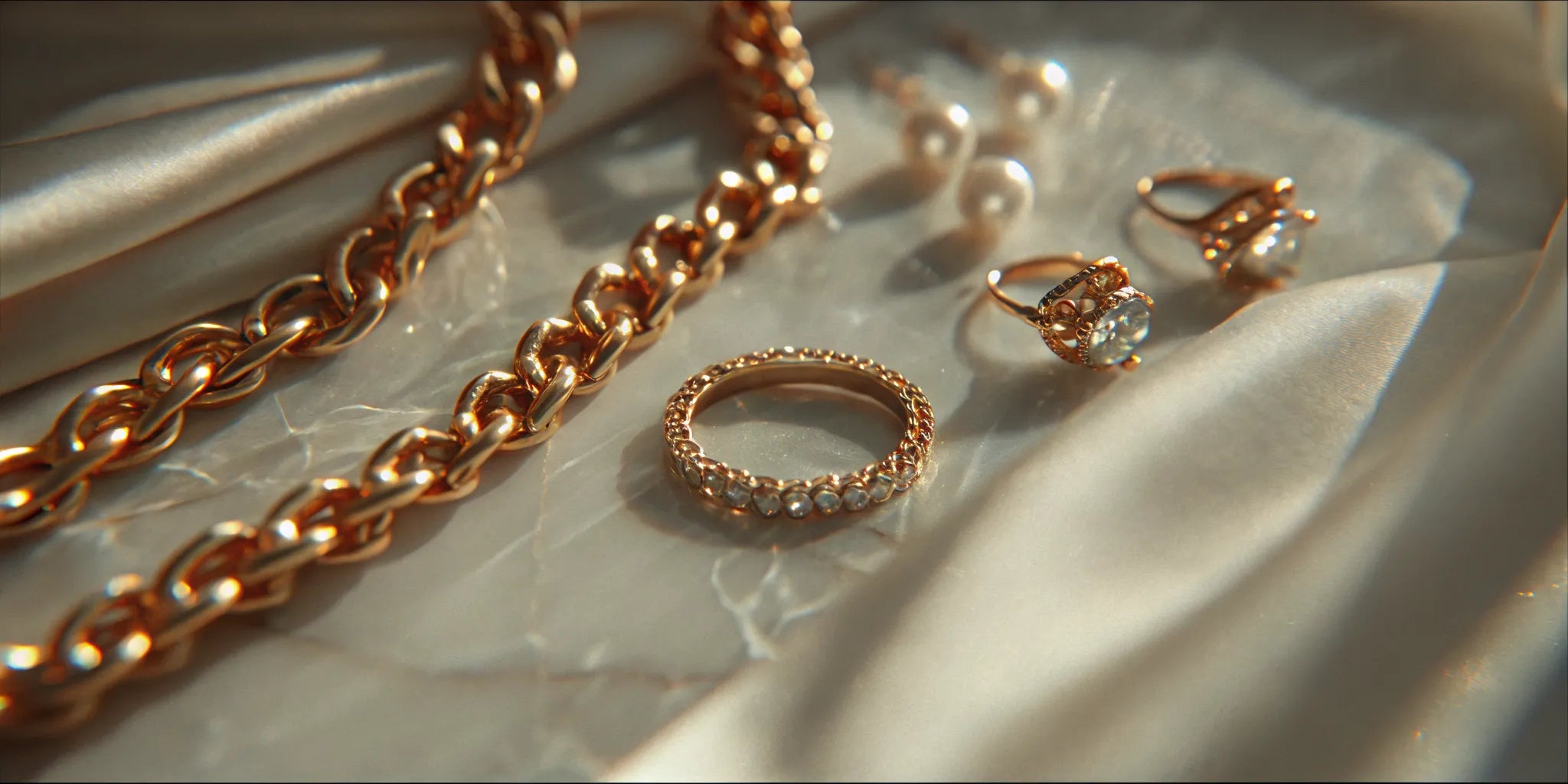 Elegant fine jewelry collection artfully arranged on marble surface