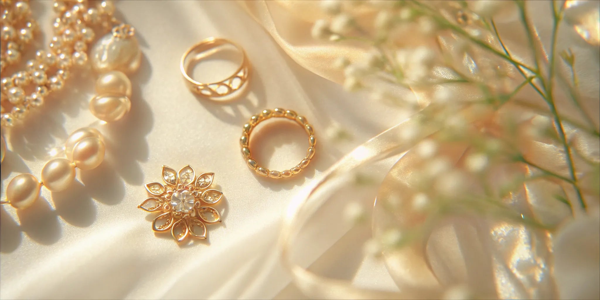 Heirloom gold rings, pearls, and a brooch arranged for a jewelry redesign.
