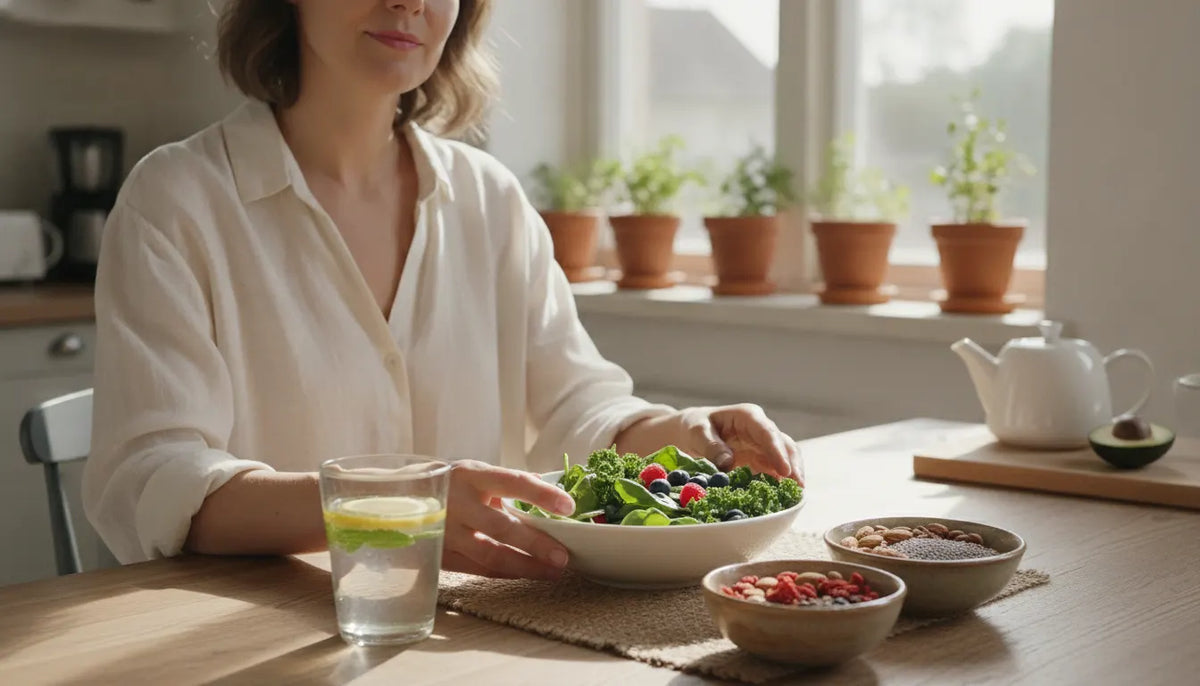 Woman preparing a balanced wellness routine with water, greens, berries, and seeds