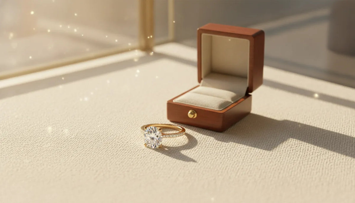Engagement ring resting on a cream surface in a warm jewelry setting