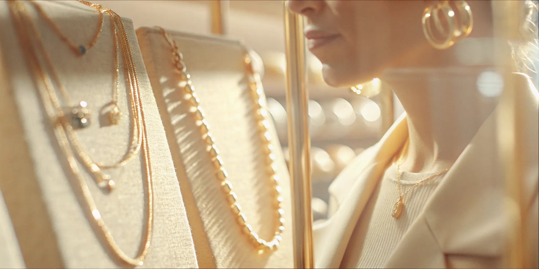 Woman wearing fine jewelry including gold stud earrings, chain necklace, and stackable rings in a warm boutique setting