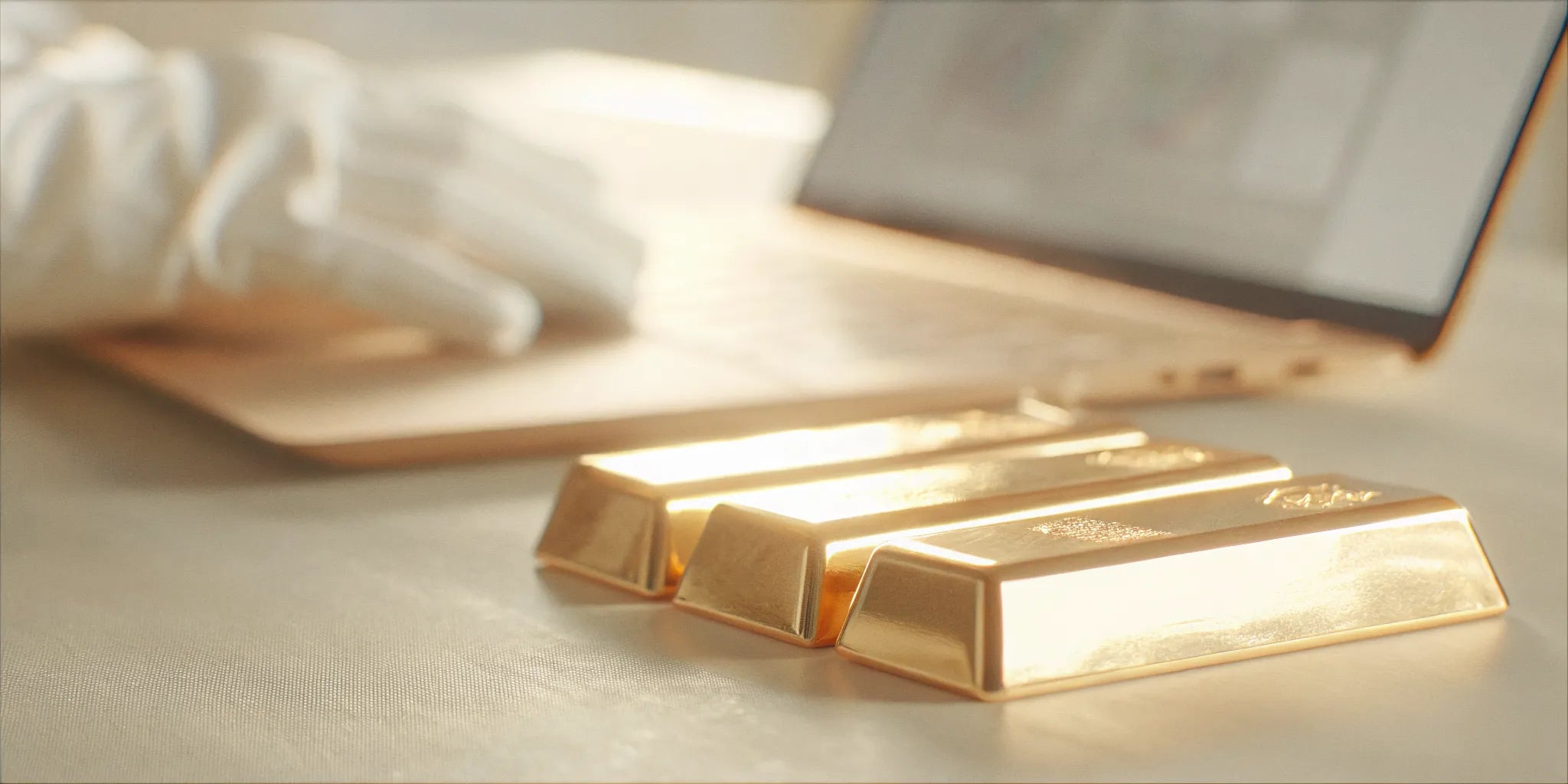 Investment grade gold bars next to a laptop for buying gold online.