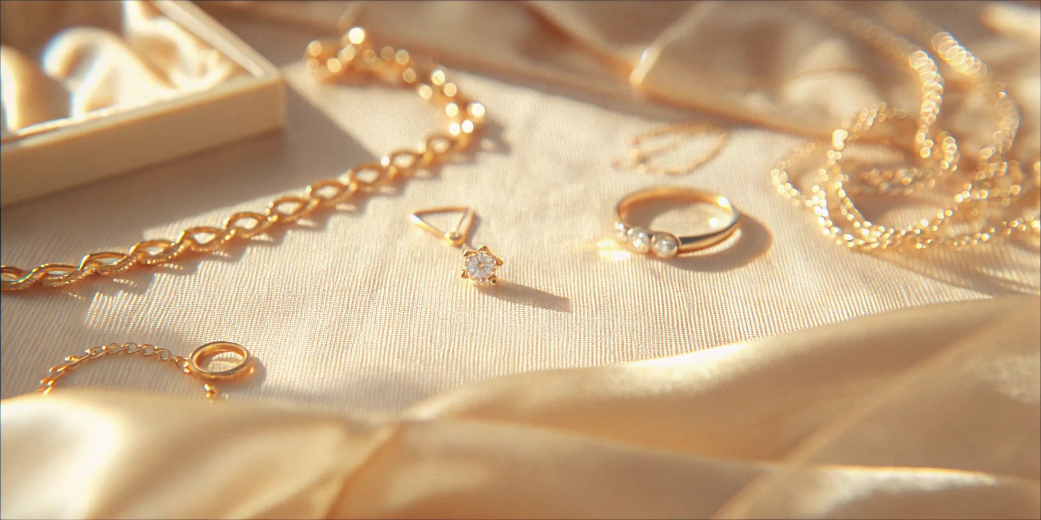 Fine jewelry arranged with a soft care cloth and jewelry box
