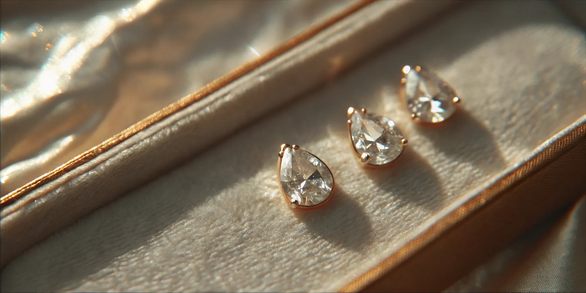 Three 1 carat pear shaped diamond earrings in gold settings.