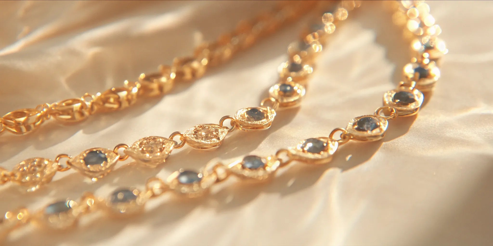 A yellow gold tennis bracelet with round blue sapphires.