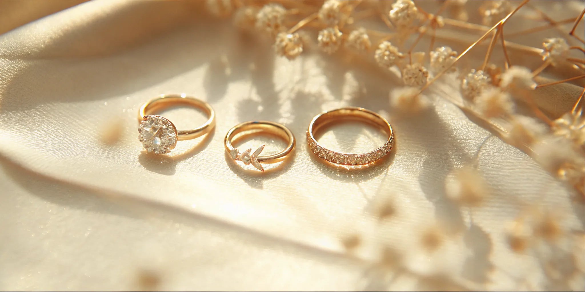 Gold flower engagement ring and wedding band set with diamond accents.