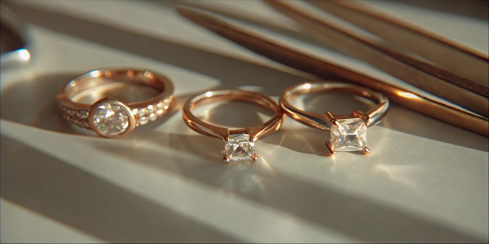 Various styles of princess cut diamond rings set in gold bands.