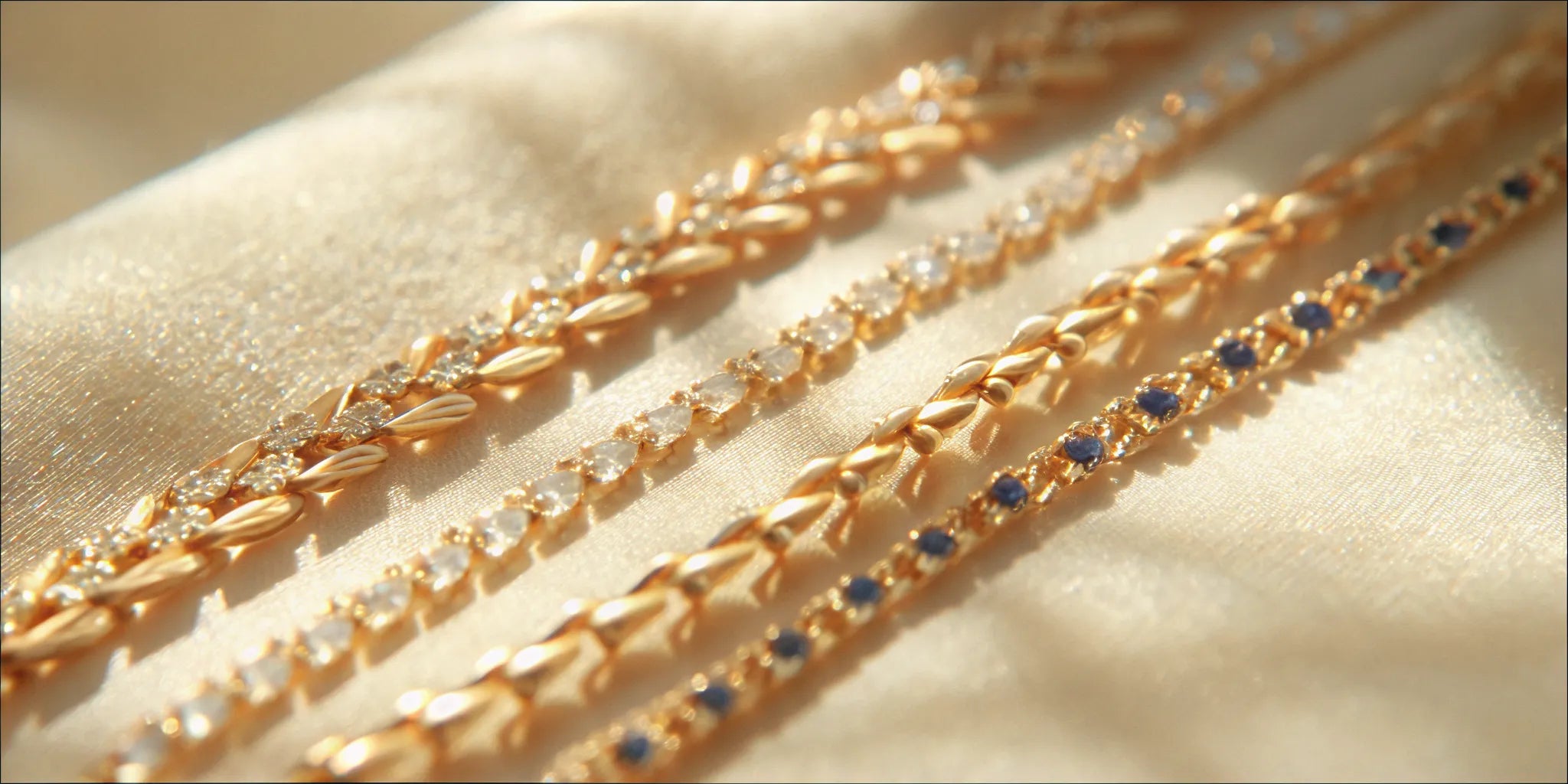 A sapphire and diamond tennis bracelet in yellow gold.