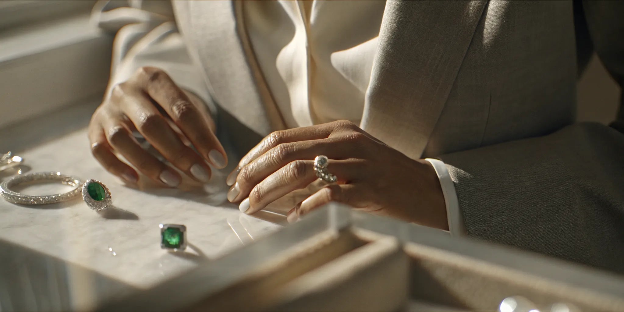 A collection of bold engagement rings with wide bands and diamonds, designed for a masculine woman.