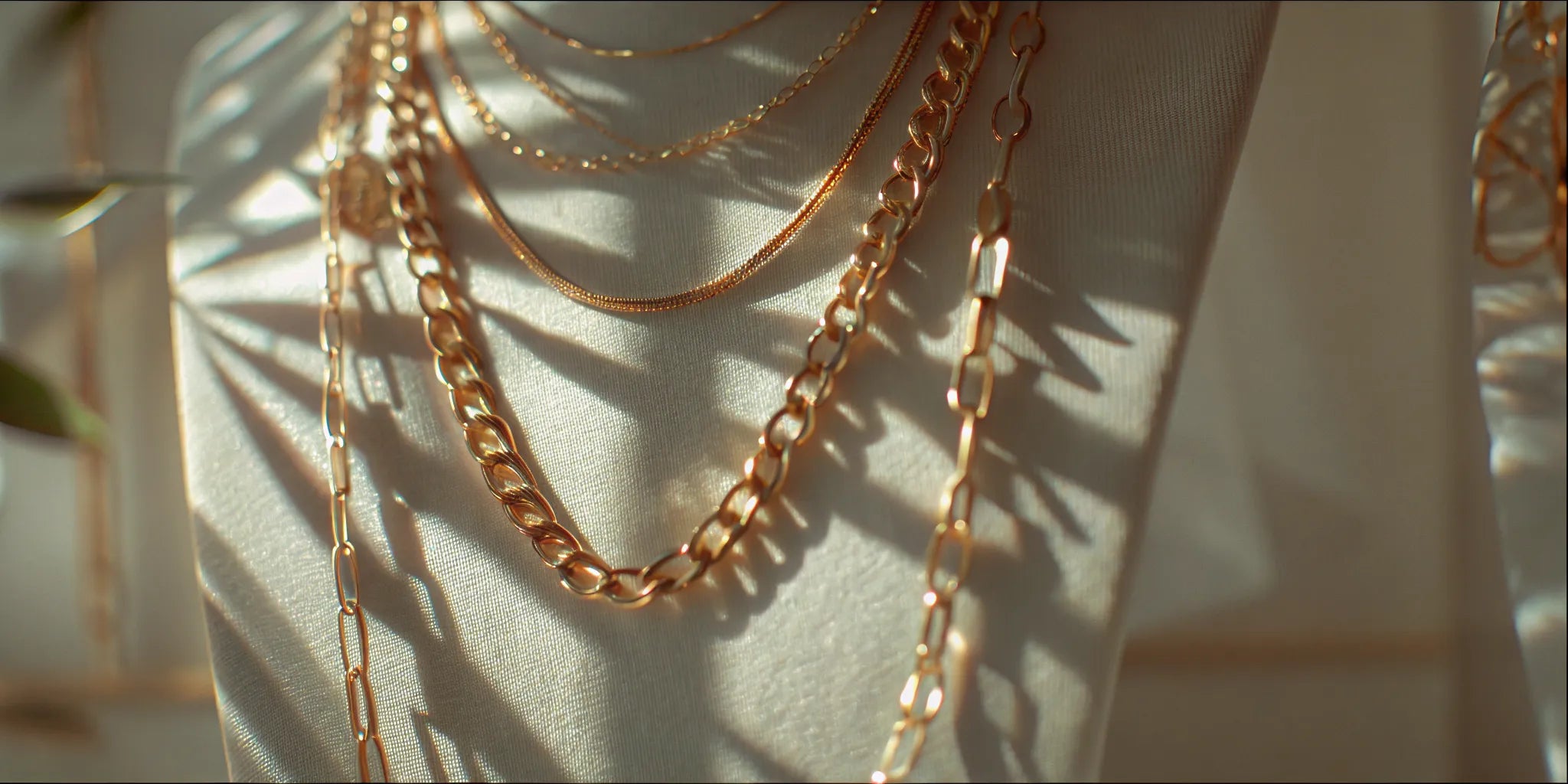An elegant display of layered gold necklaces of standard lengths on a minimalist jewelry bust
