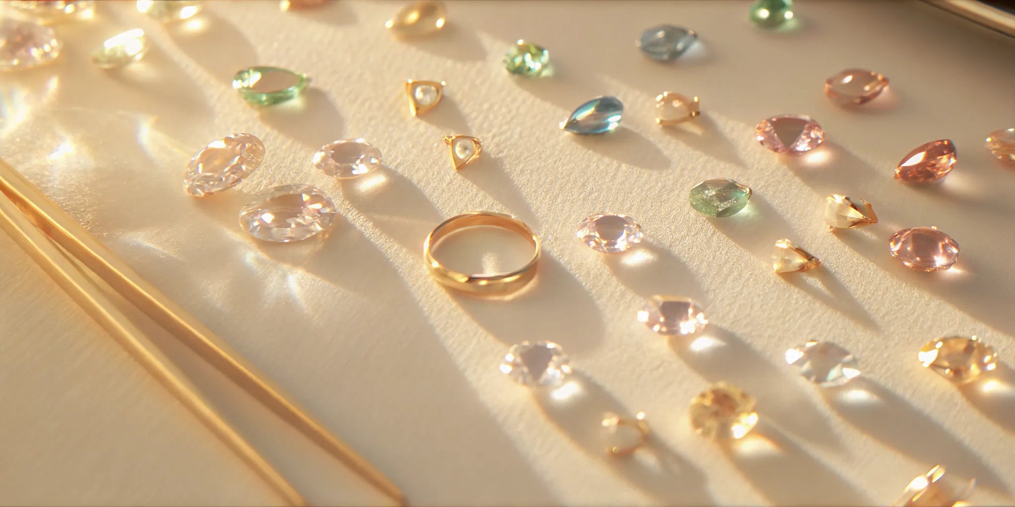 Design your own engagement ring with loose gemstones and a gold band.