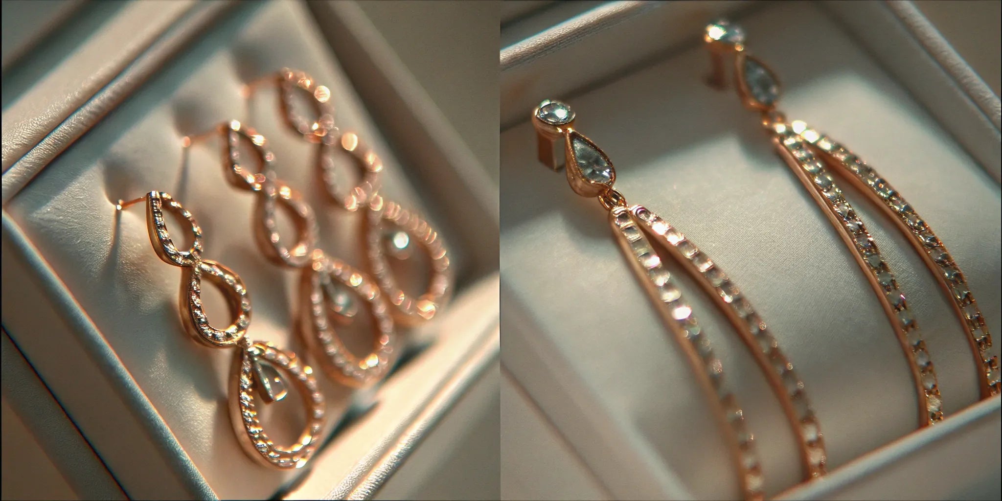 A pair of custom designer diamond earrings in gold settings inside a jewelry box.