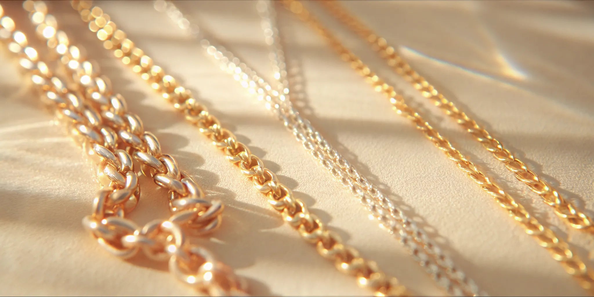 A custom jewelry maker's gold and silver chains for a personalized pendant.