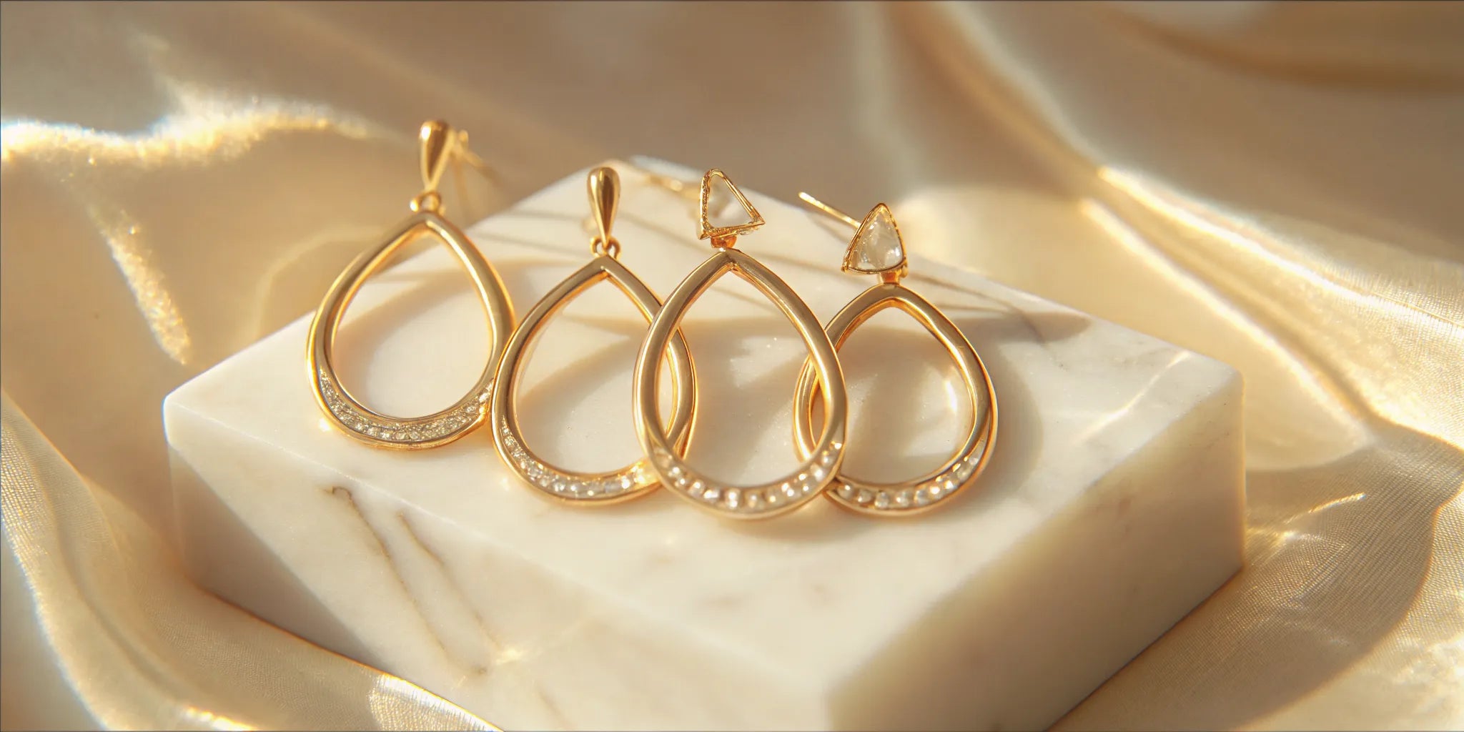 Pear-shaped gold earrings with diamond accents.