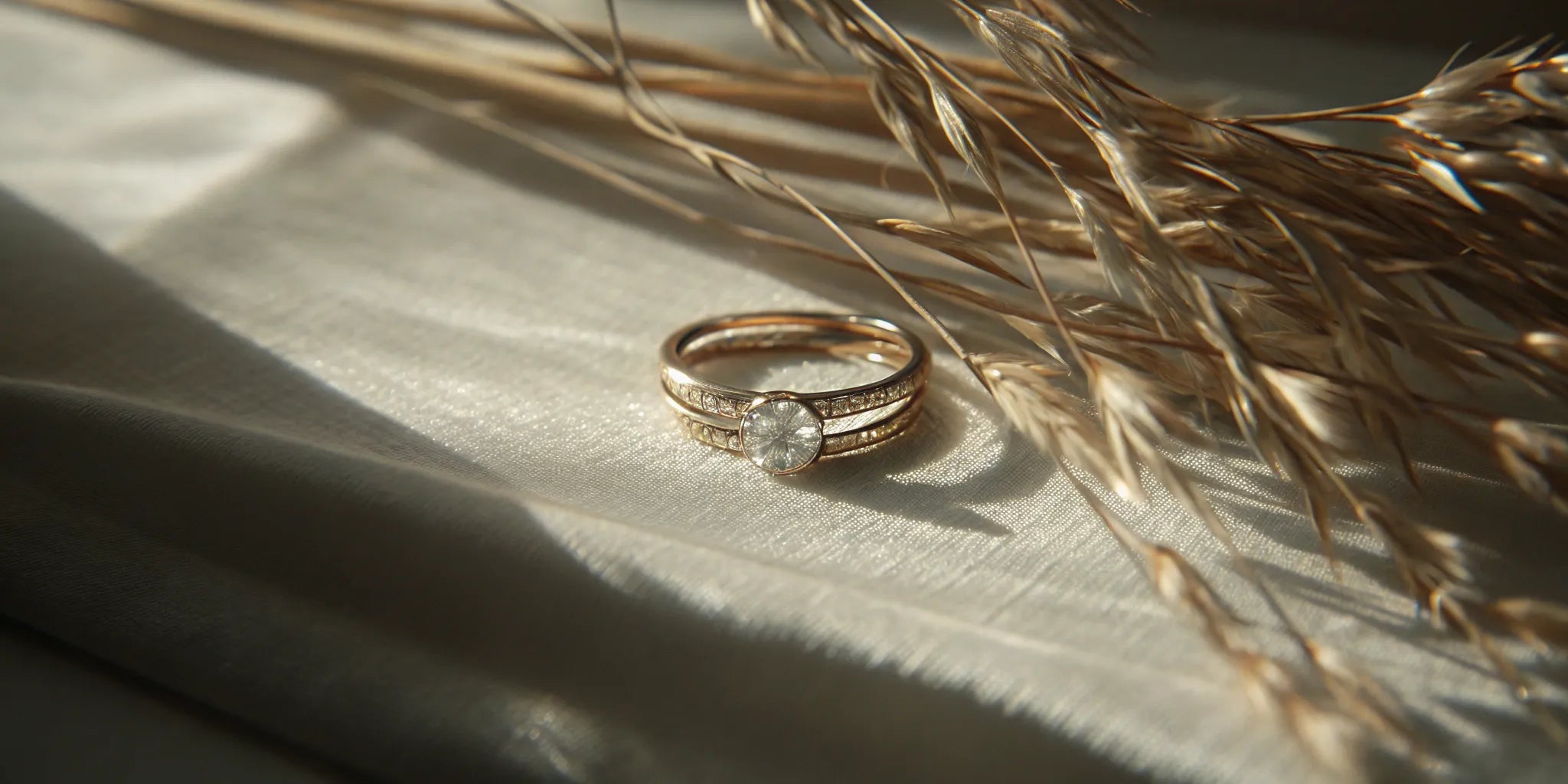 A trilogy engagement ring paired with a diamond wedding band.
