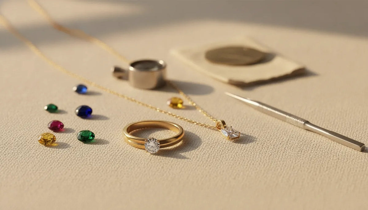 Modern fine jewelry arranged with a loupe and jeweler tools