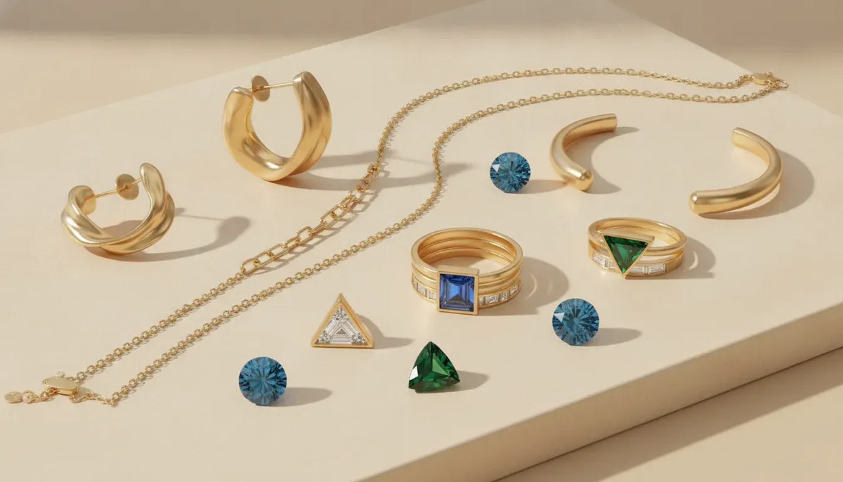 Modern fine jewelry arranged with sculptural gold shapes and colorful gemstones