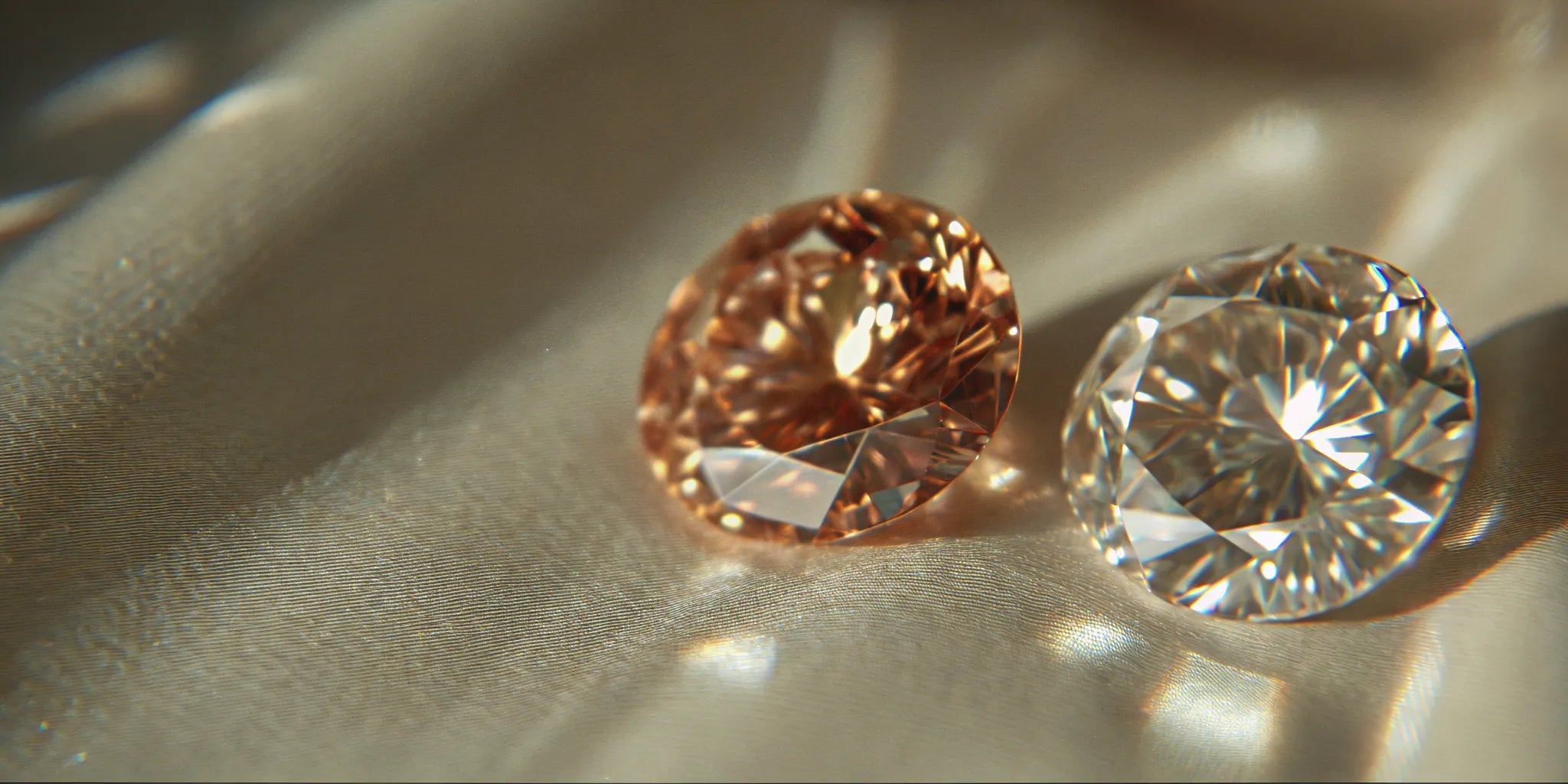 Side by side comparison of a natural diamond and a lab-grown diamond on a luxury display surface